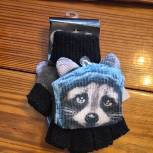 Kids Raccoon Flip Top Mittens - Black and Blue